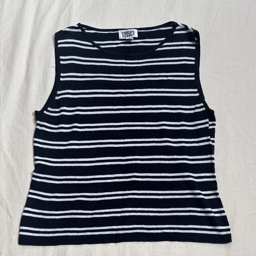 Vintage Chico’s Design Linen Blend Striped Black + White Tank Top, Size 3/XL